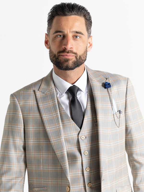 CHARLES LIGHT GREY WITH WHITE AND CARAMEL CHECKS DETAILING