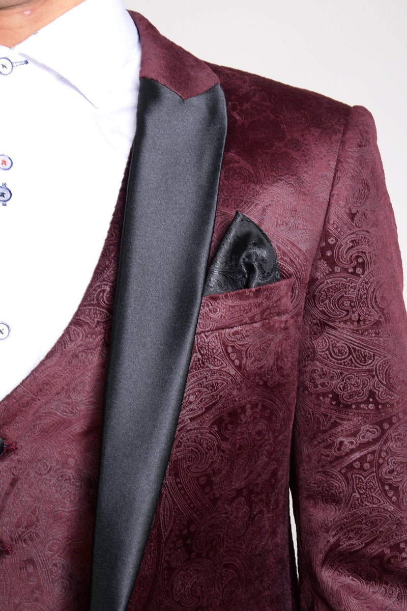 Simon Jacquard Wine Velvet Three Piece Suit - Mens Tweed Suits