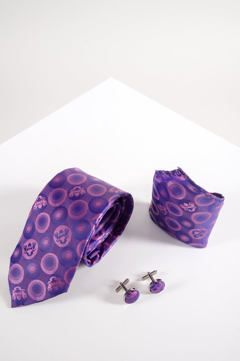 Bubble Purple Tie, Cufflink and Pocket Square - Mens Tweed Suits | Jacket | Waistcoats