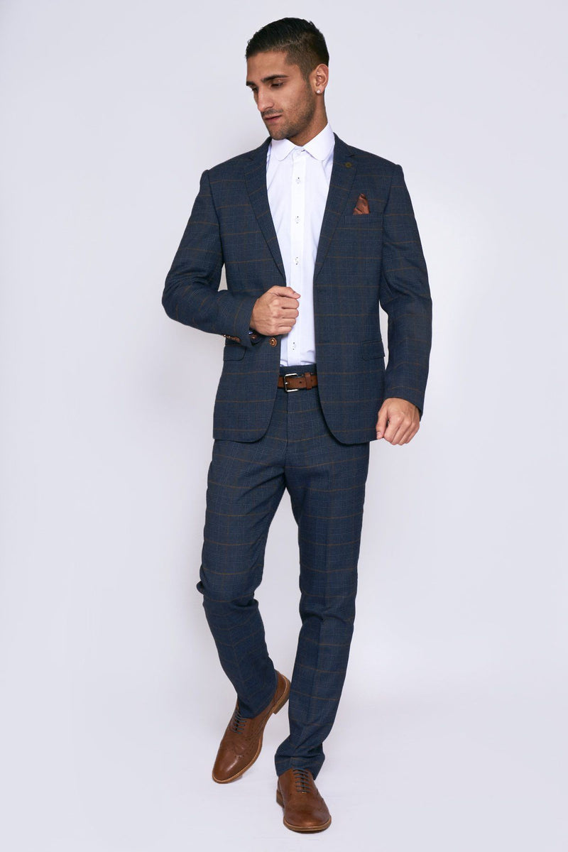 Jenson Navy Check Blazer | Marc Darcy - Mens Tweed Suits