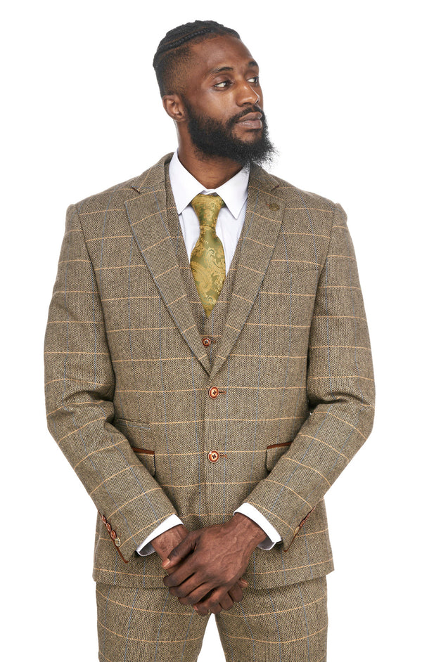 Brown Tweed Wedding Suits | Mens Tweed Suits | Marc Darcy Menswear | Marc Darcy Ted Tan Suit | Check Suit | Wedding Wear | Office Wear