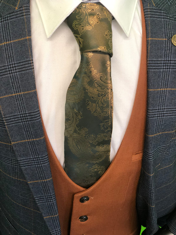 Navy Gold Check Suit with Tan Waistcoat and Gold Paisley Print Tie Set 