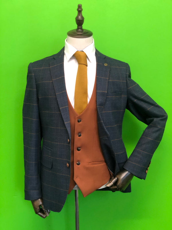 Navy Check Suits With Contrast Tan Waistcoat and Tan Knitted Tie