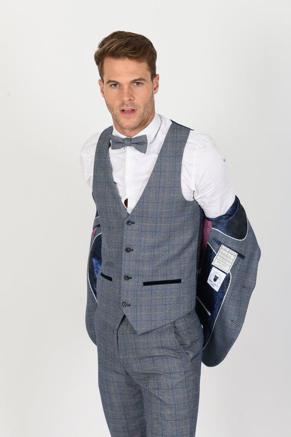 Hilton Blue Tweed Check Waistcoat | Marc Darcy - Mens Tweed Suits