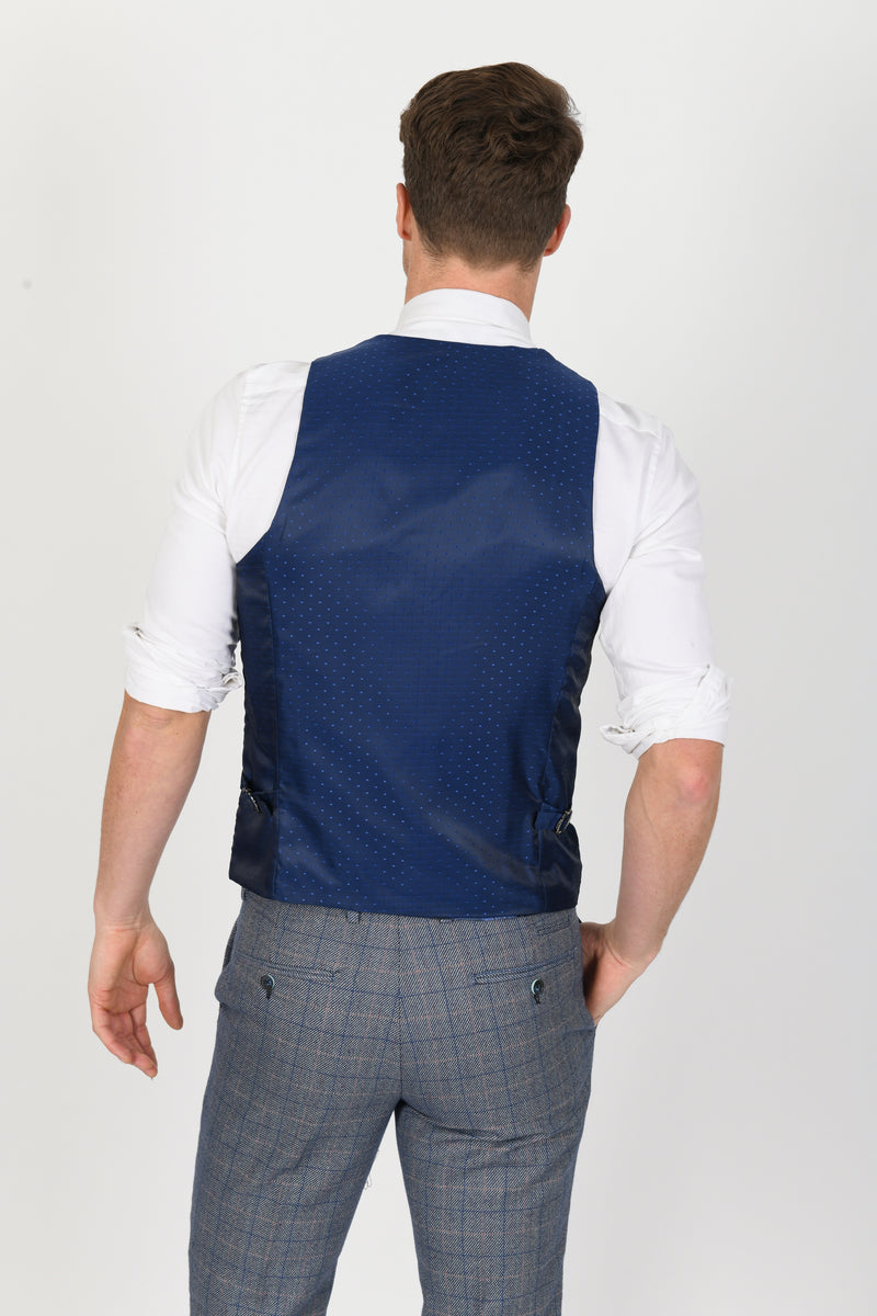 Hilton Blue Tweed Check Waistcoat | Marc Darcy - Mens Tweed Suits