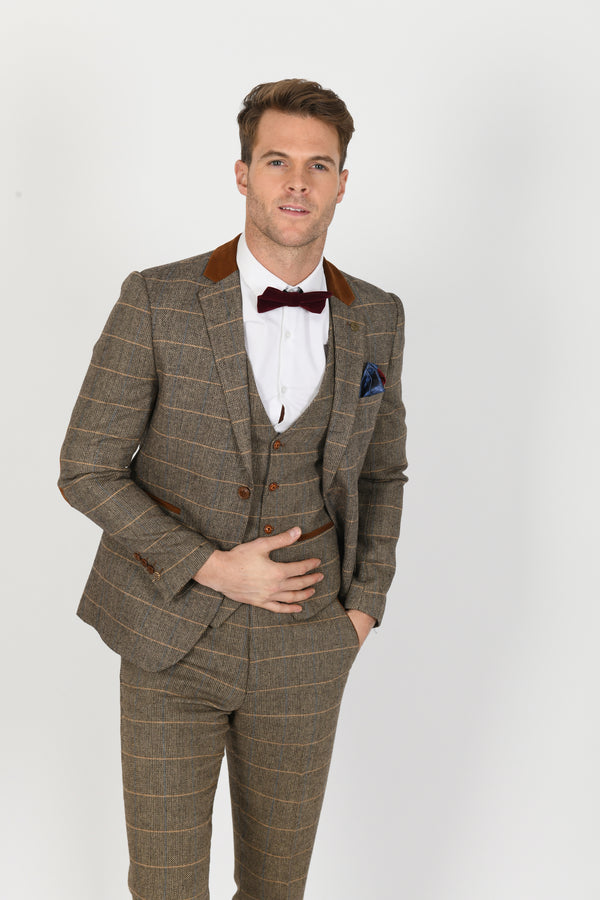 DX7 Tan Heritage Tweed Check Blazer - Mens Tweed Suits | Check Suit | Wedding Wear | Office Wear