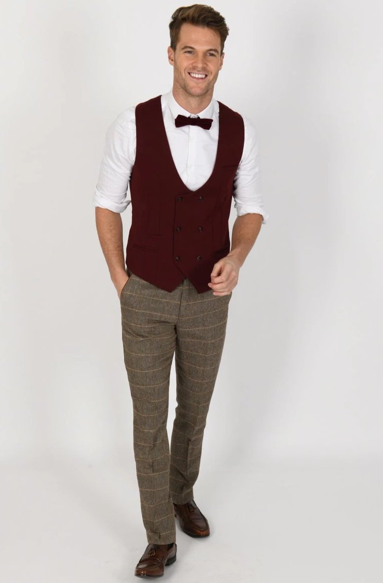 Brown Tweed Suit with Wine Waistcoat | Marc Darcy | Mens Tweed Suits | Check Suit | Wedding Wear | Office Wear