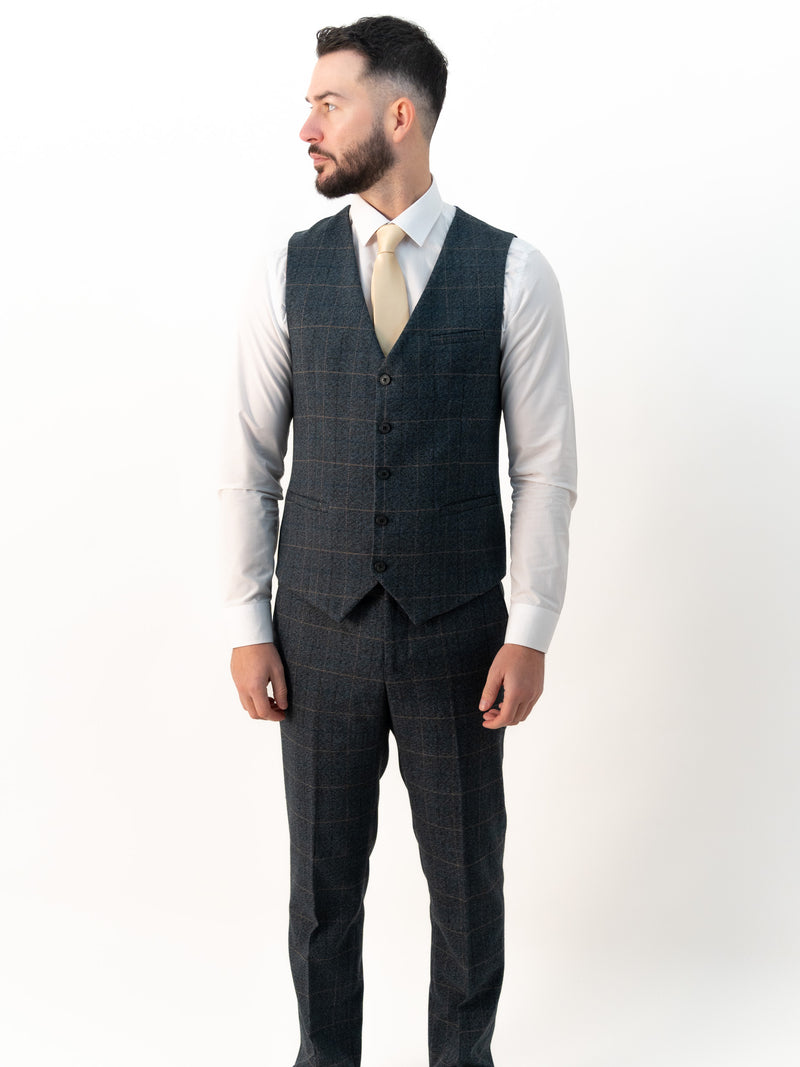 Kensington Blue Tweed with Orange Checks Detailing Double Breasted Three Piece Suit