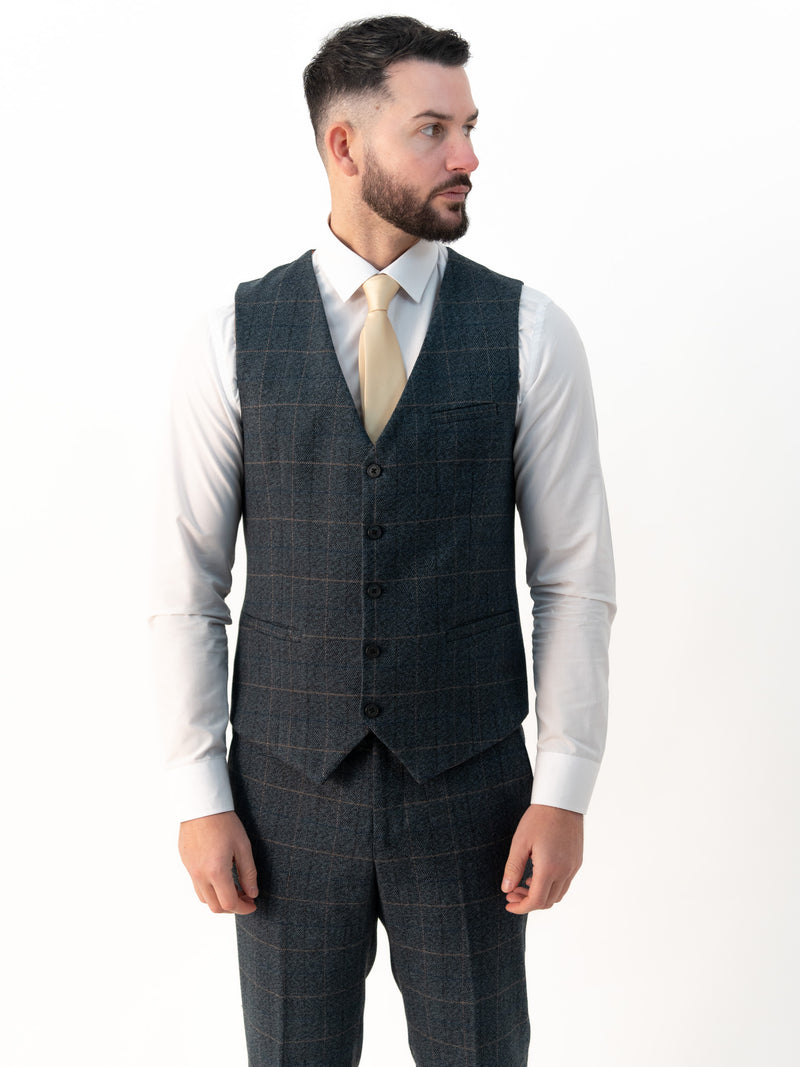 Kensington Blue Tweed with Orange Checks Detailing Double Breasted Three Piece Suit