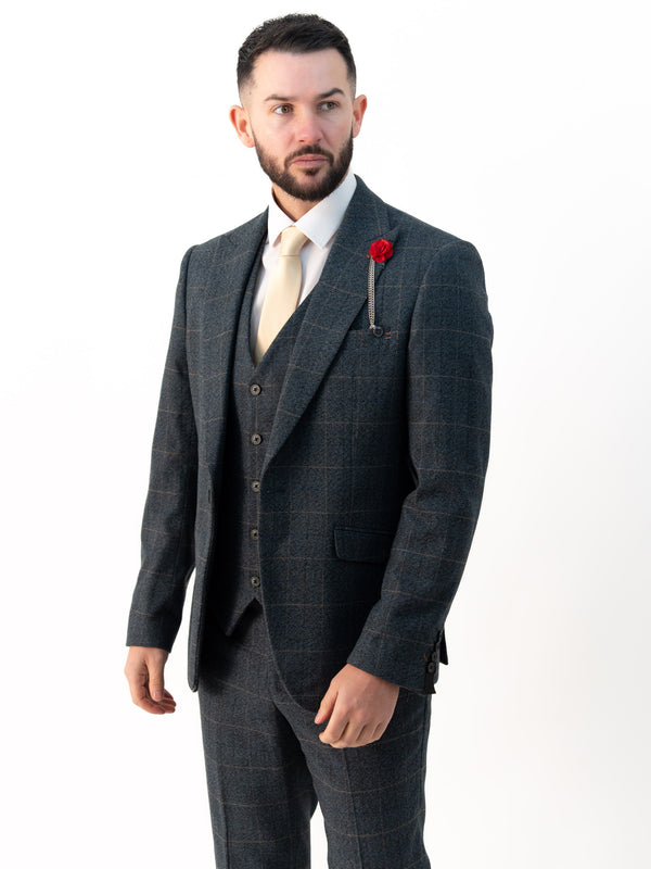 Kensington Blue Tweed with Orange Checks Detailing Double Breasted Three Piece Suit