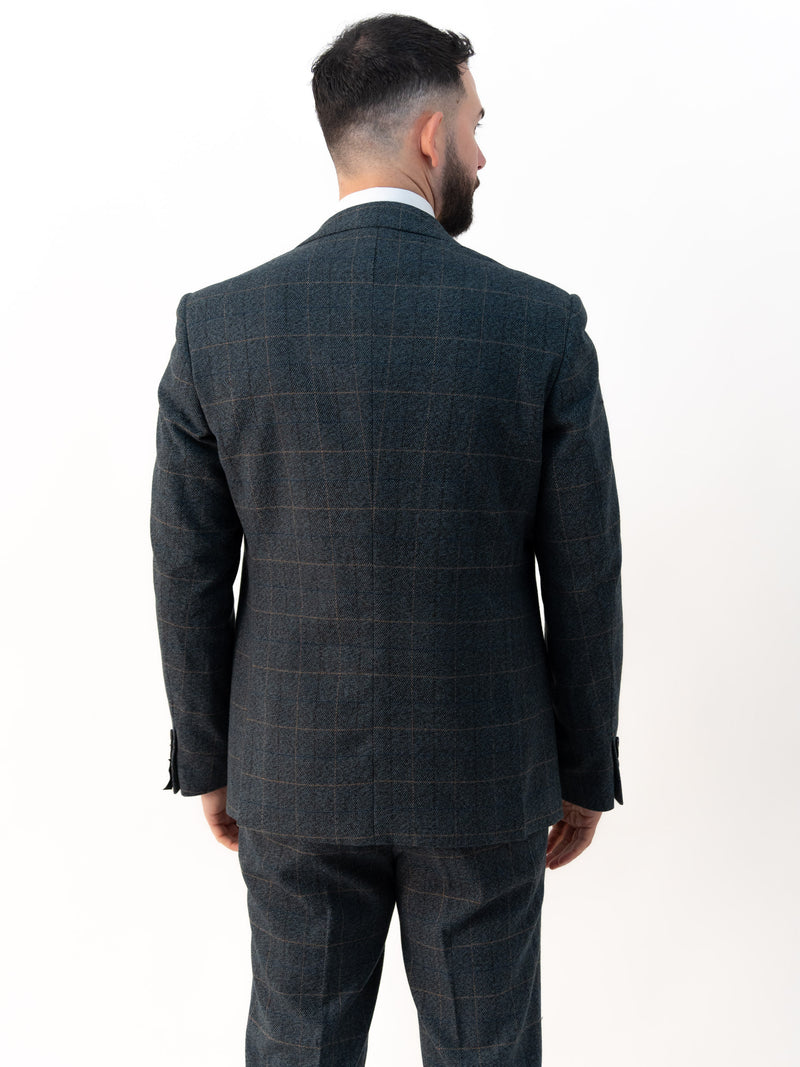 Kensington Blue Tweed with Orange Checks Detailing Double Breasted Three Piece Suit