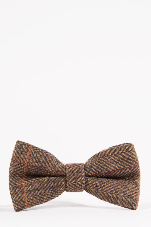 NELSON - Tan Multi Tonal Check Tweed Bow Tie | Marc Darcy - Mens Tweed Suits