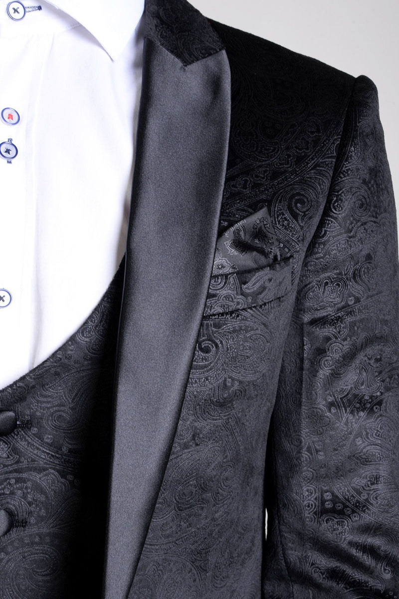 Simon Jacquard Black Velvet Three Piece Suit - Mens Tweed Suits