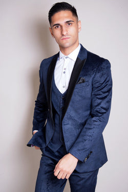 Simon Jacquard Navy Velvet Three Piece Suit - Mens Tweed Suits