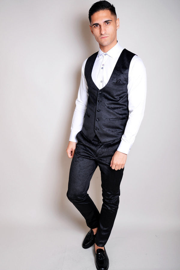 Simon Jacquard Black Velvet Waistcoat - Mens Tweed Suits