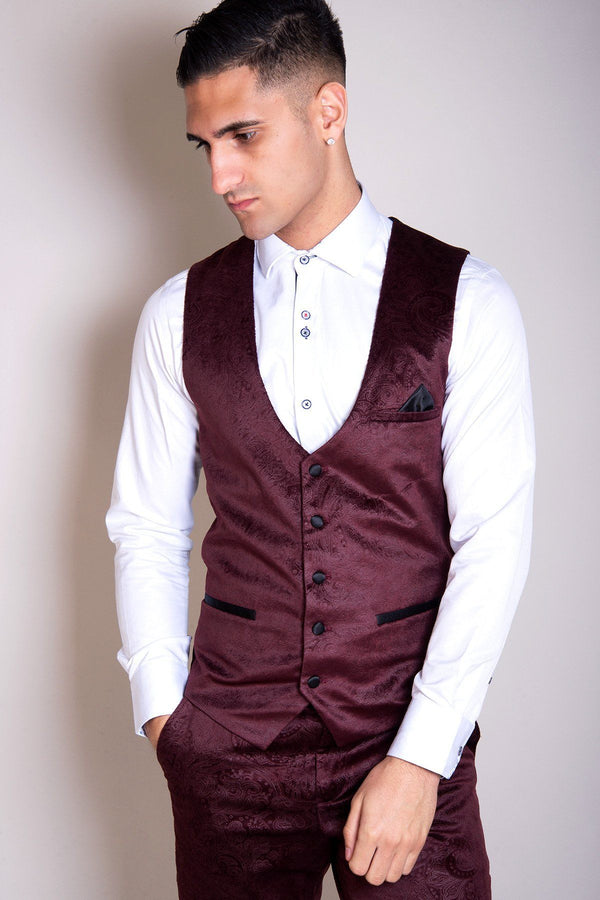 Simon Jacquard Wine Velvet Waistcoat - Mens Tweed Suits