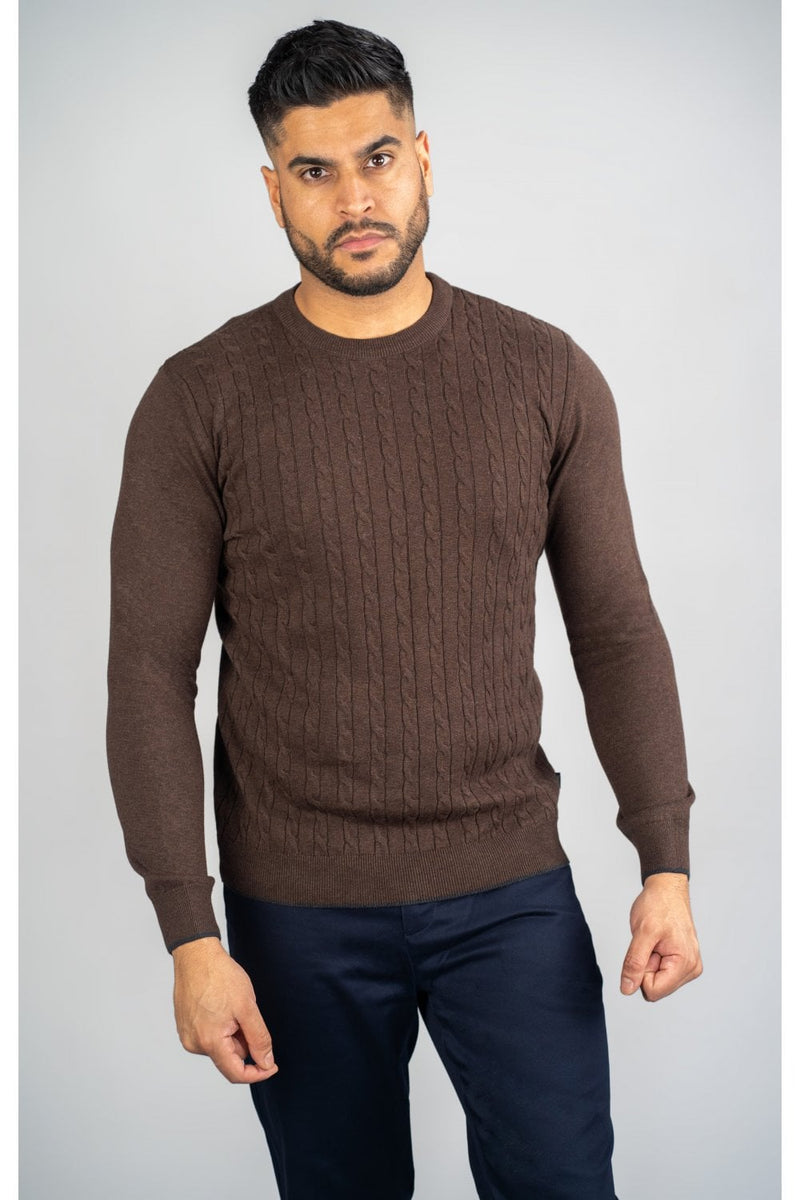 The Cavani Anders cable knit Crewneck jumper is perfect for those cold days out. available in three different colour Brown, Navy and Charcoal. Style your look with a pair of our Dakota chinos and our P22 Trainers for a complete Cavani outfit. - Party Wear | Jumper