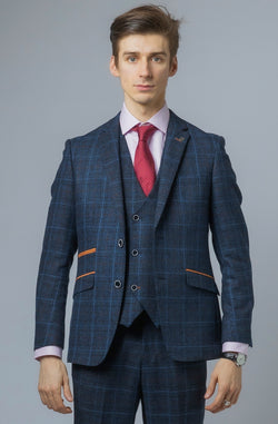 Mens Navy Tweed Check 3 Piece Suit | Robert Simon Suits | Mens Tweed Suits | Office Wear | Office Wear | check suit