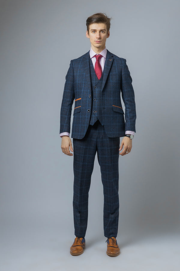 Mens Navy Tweed Check 3 Piece Suit | Robert Simon Suits | Mens Tweed Suits  | Office Wear | Office Wear | check suit