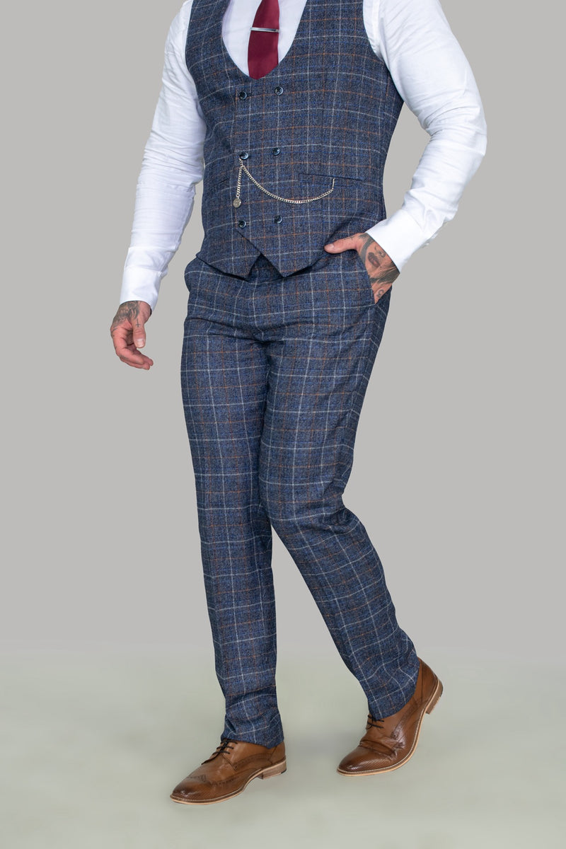 Marc Darcy  Marc Darcy Eton Mens Blue Slim Fit Tweed Check Suit Waistcoat   MENSWEARR
