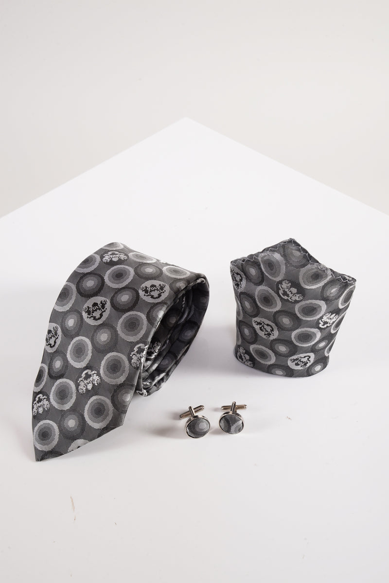 Bubble Grey Tie, Cufflink and Pocket Square - Mens Tweed Suits | Jacket | Waistcoats