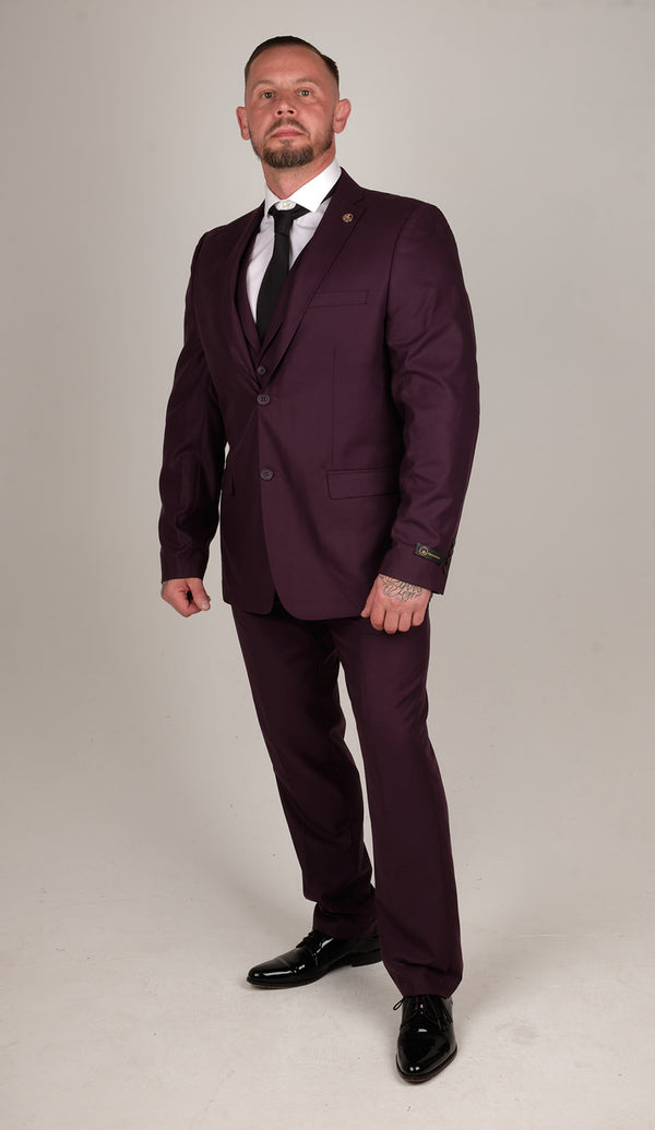 • Mens 3 Piece Smart Formal Occasional Suit Finished in Classic Purple Colour • This Suit Comes Complete With Waistcoat, Trousers & Blazer Jacket! • Perfect Suit To Be Worn For Any Smart Formal Occasion Such As Weddings, Proms, Parties or Work • Made From Light Weight Premium Wool Textured Polyester Fabric, Tailored Fit (in between slim & regular fit), True To Size  - Party Wear | Office Wear