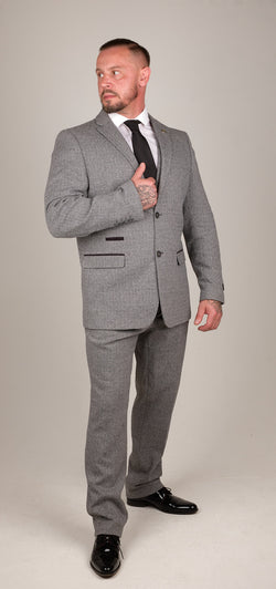 • 50% Wool Herringbone Tweed 3 Piece Suit Tailored Fit • Complete With Blazer, Waistcoat & Trousers • Super Soft Premium Herringbone Tweed Wool Blend Fabric With Contrasting Blue Navy Detailing • Perfect For Any Smart Formal Traditional Vintage Retro Themed Occasions, Such As Weddings, Proms Or Parties! - Party Wear | Office Wear