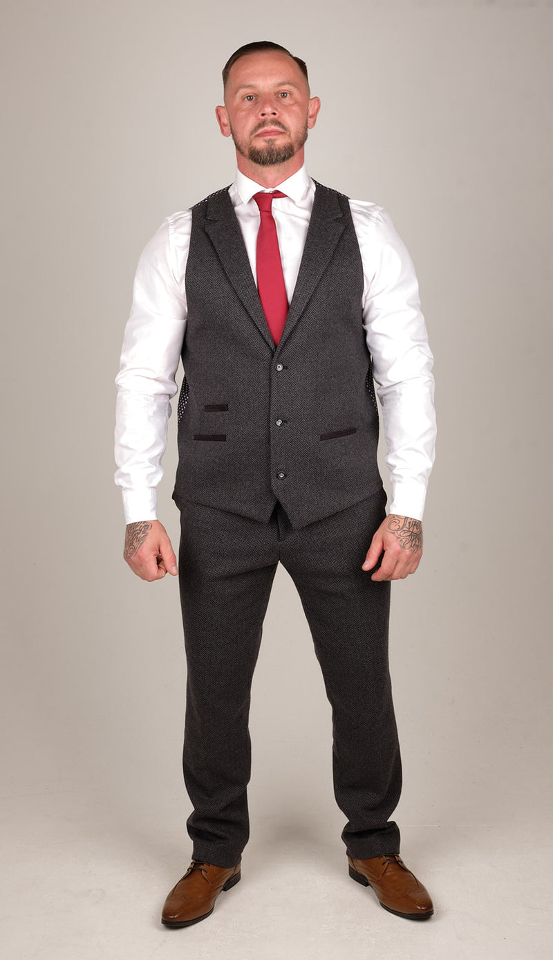 • Charcoal Grey 3 Piece Wool Check Suit Complete With Blazer, Waistcoat & Trousers • Slim Fit Design (True To Size) Double Breasted Vintage Style Waistcoat • Wool Blend Tweed Check Fabric Finished In A Stunning Classic 1920s Charcoal Grey Tweed Fabric Ideal For Any Smart Formal Event From Weddings To Work & Everything In-between! • Regular Length Fitting, 2 Button Blazer Jacket And Middle Single Vent Slit - Party Wear | Office Wear