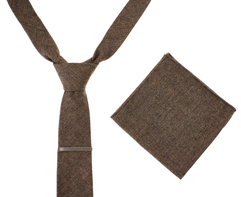 Brown Herringbone Tie Set - Mens Tweed Suits