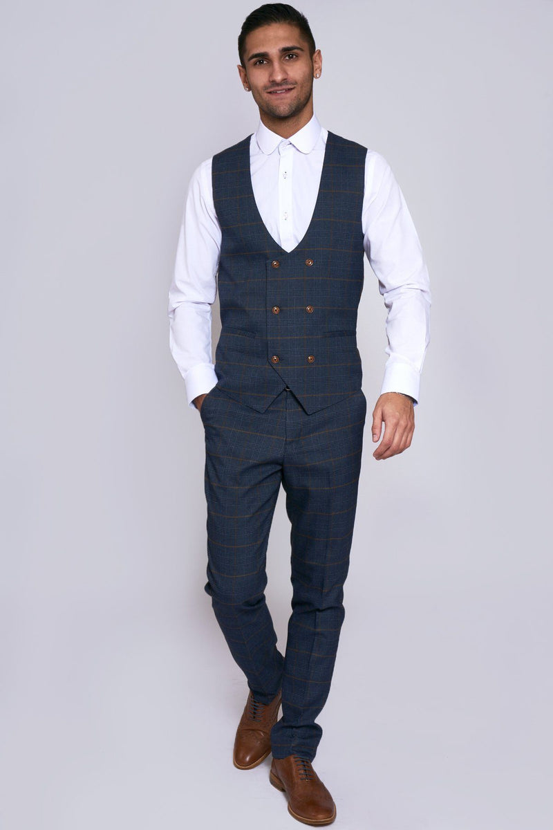 Jenson Navy Check Waistcoat | Marc Darcy - Mens Tweed Suits