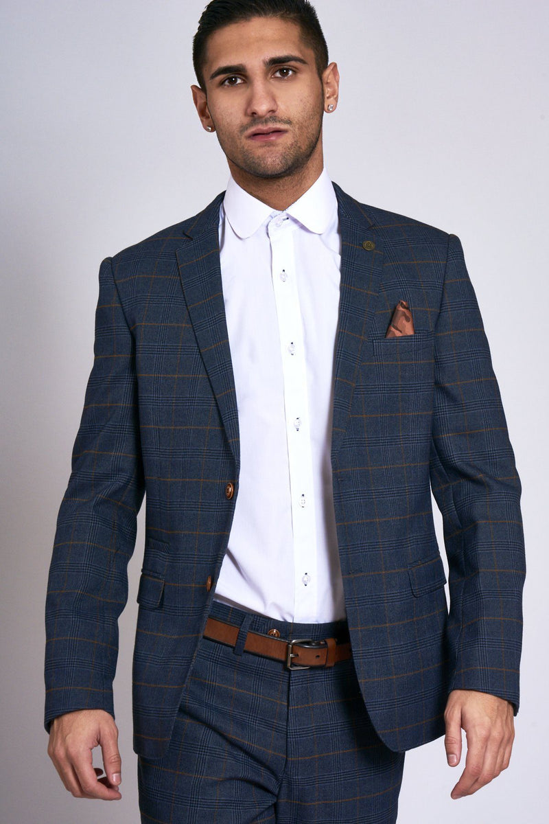 Jenson Navy Check Blazer | Marc Darcy - Mens Tweed Suits