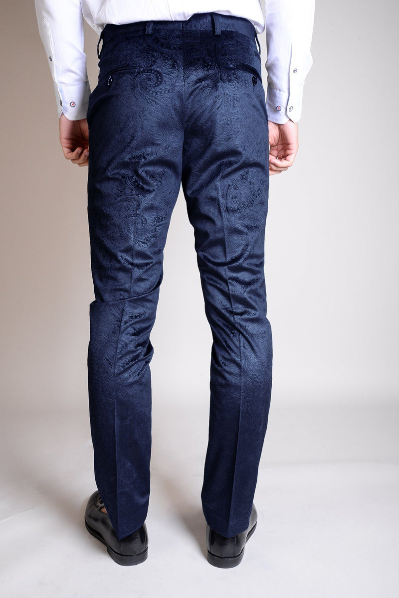 Simon Jacquard Navy Velvet Trousers - Mens Tweed Suits
