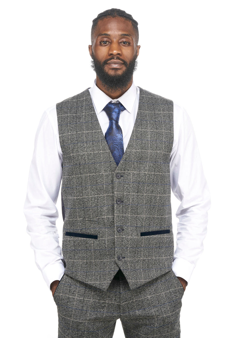 Grey Tweed Check Jacket and Waistcoat Set | Marc Darcy | Mens Tweed Suits | Check suit | Office Wear