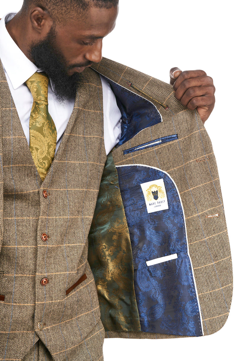 Ted Tan Check Tweed Wedding Suit :- Wedding Suit - Mens Tweed Suits | Jacket | Waistcoats | Wedding Suit | Father & Son Suit