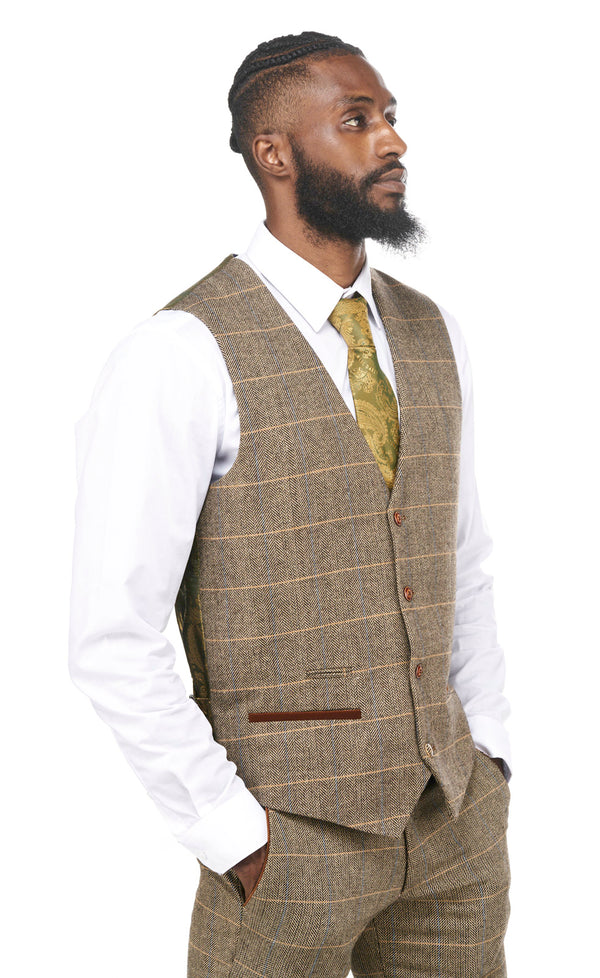 Brown Tweed Waistcoats | Mens Tweed Waistcoats | Mens Tweed Suits | Marc Darcy Ted Tan Waistcoat | Check Suit | Wedding Wear | Office Wear