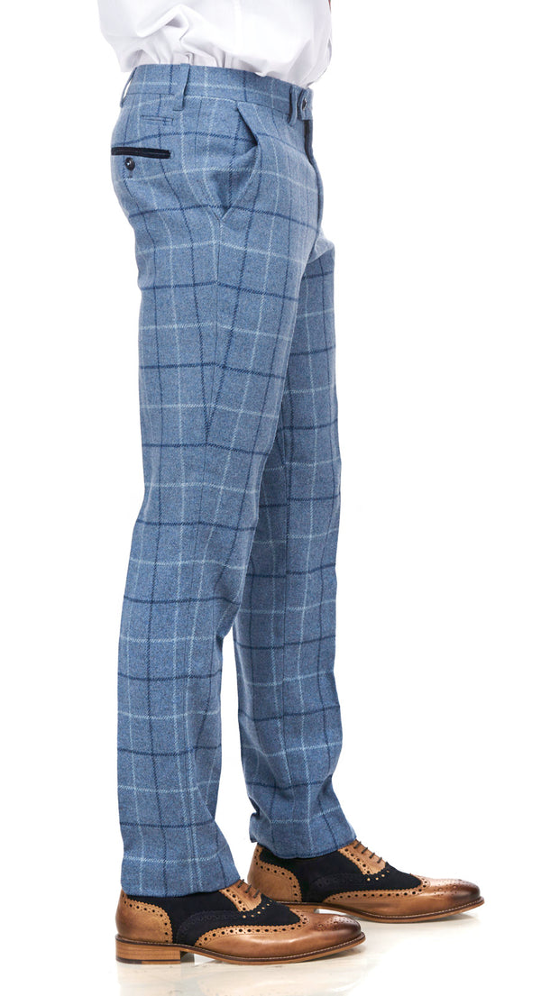 Marc Darcy | Clinton Blue Tweed Check Trousers | Mens Tweed Suits