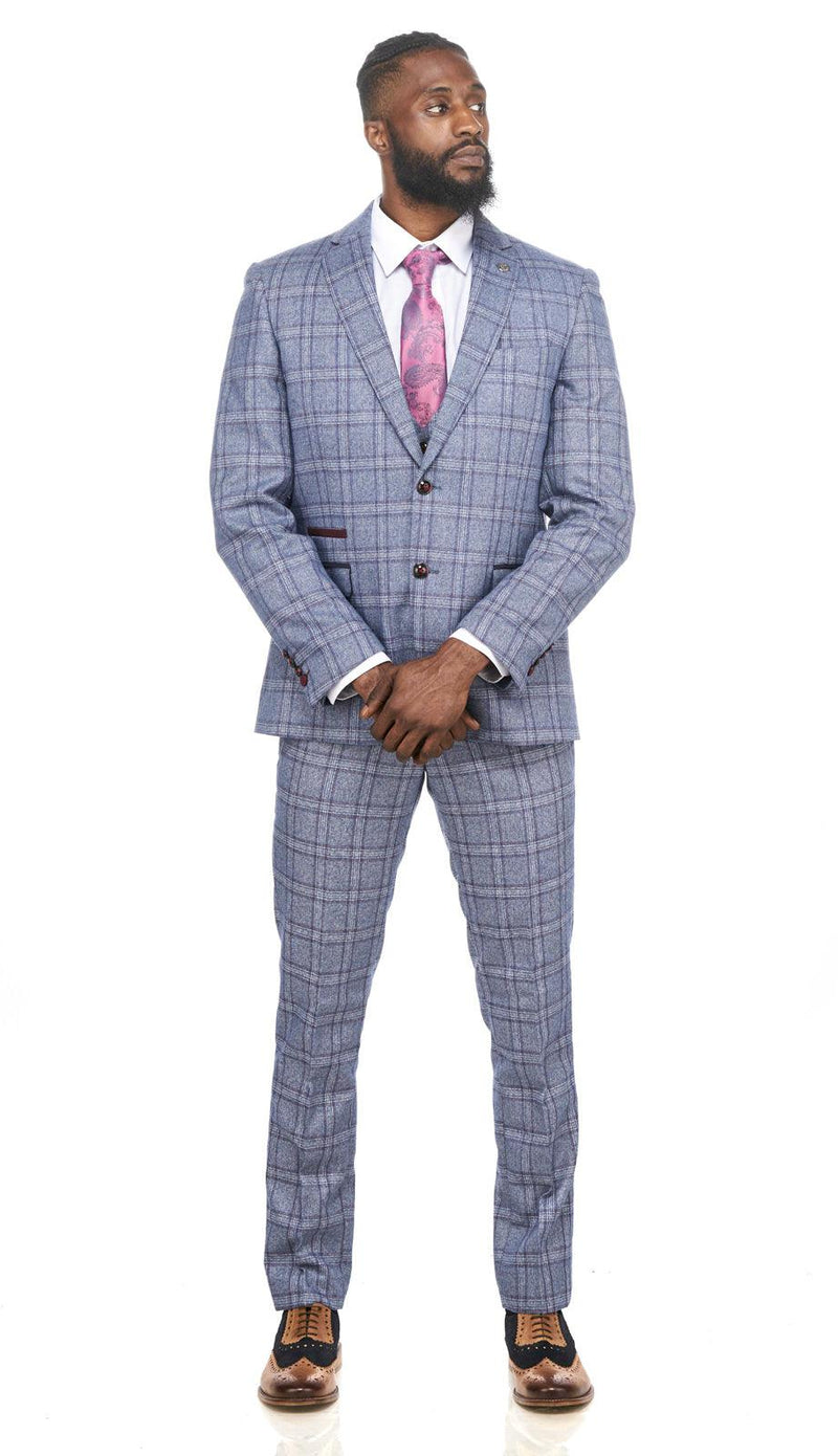Mens Blue Tweed Check Three Piece Suit | Marc Darcy | Mens Tweed Suits | Office Wear | Wedding Suit | Party Wear | Office Wear | Check suit