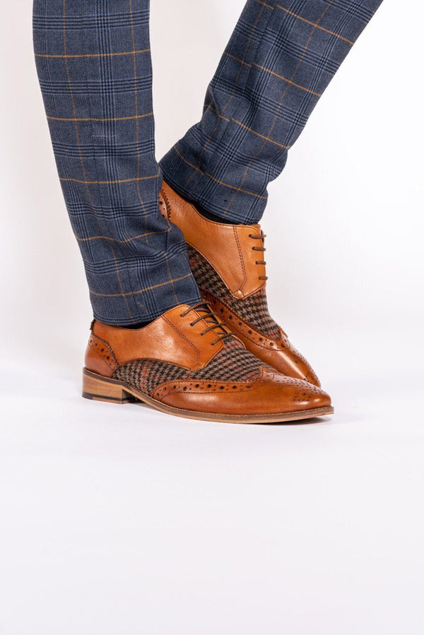 Jacob Tan Leather Tweed Contrast Brogue Shoe - Mens Tweed Suits