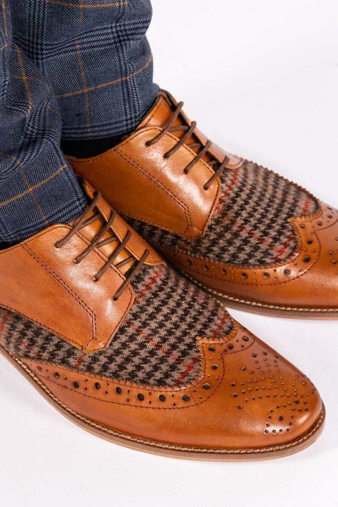 Brogue Shoes - blue leather & tweed