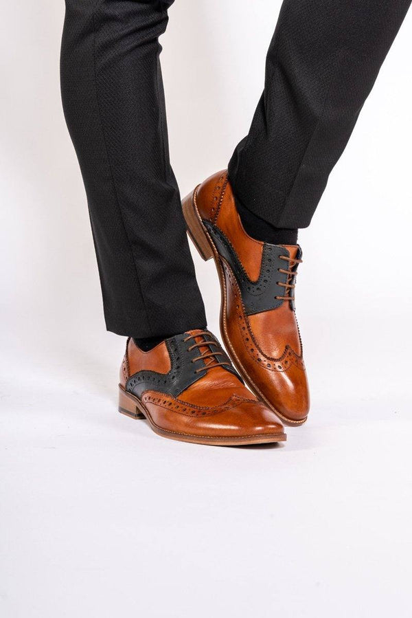 Riley Tan Navy Leather Contrast Oxford Brogue Shoes - Mens Tweed Suits