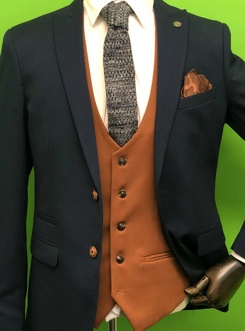 Max Navy Suit with Kelly Tan Waistcoats, Navy Marl Knitted Tie and Camo Pocket Square