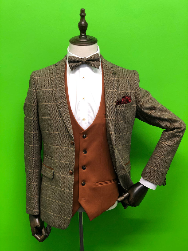 Brown Tweed Suit With Matching Bow Tie, Contrast Tan Waistcoat and Wine Paisley Tie Set
