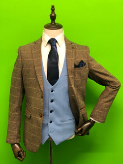 Brown Tweed Suits with Sky Blue Contrast Waistcoat and Navy Paisley Print Tie Set