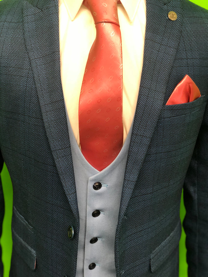 Blue Check Tweed Suit with Sky Blue Waistcoat and Pink Tie Set