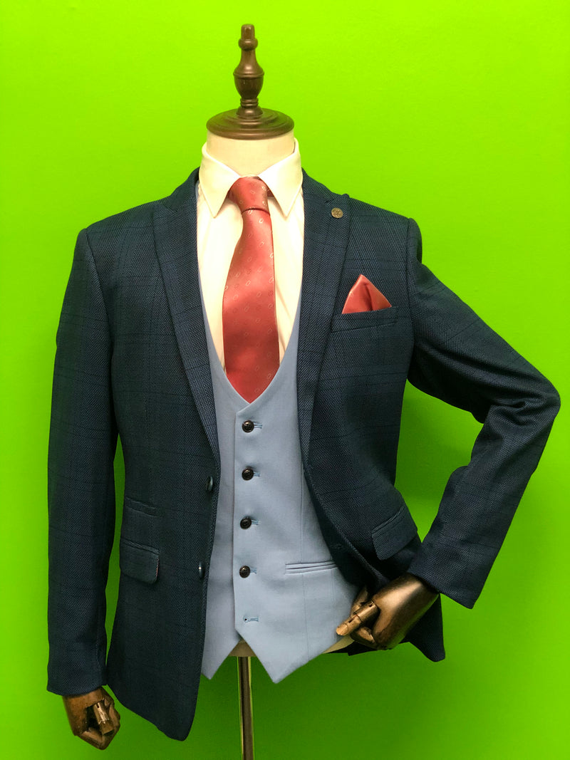 Blue Check Tweed Suit with Sky Blue Waistcoat and Pink Tie Set