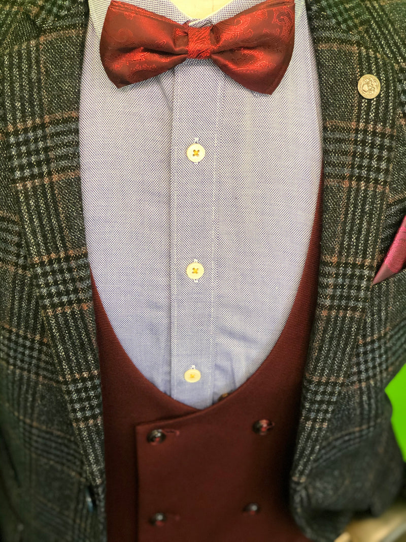 Blue Tweed Check Suits with Wine Double Breasted Waistcoat and Wine Bow Tie