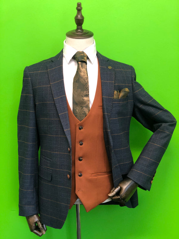 Navy Gold Check Suit with Tan Waistcoat and Gold Paisley Print Tie Set 