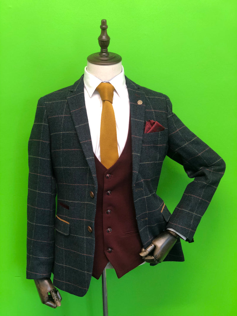 Navy Tweed Check Suits With Wine Contrast Waistcoat and Tan Knitted Tie