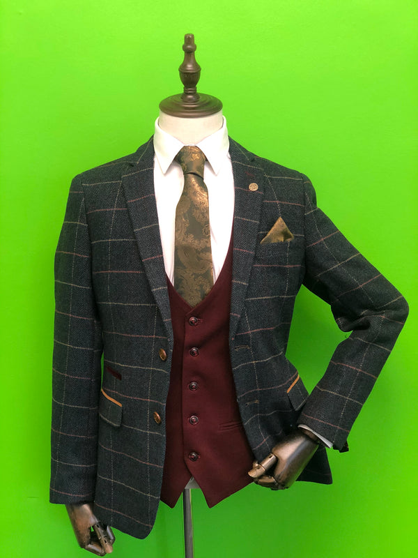 Navy Tweed Suit with Contrast Wine Waistcoat and Gold Paisley Print Tie Set