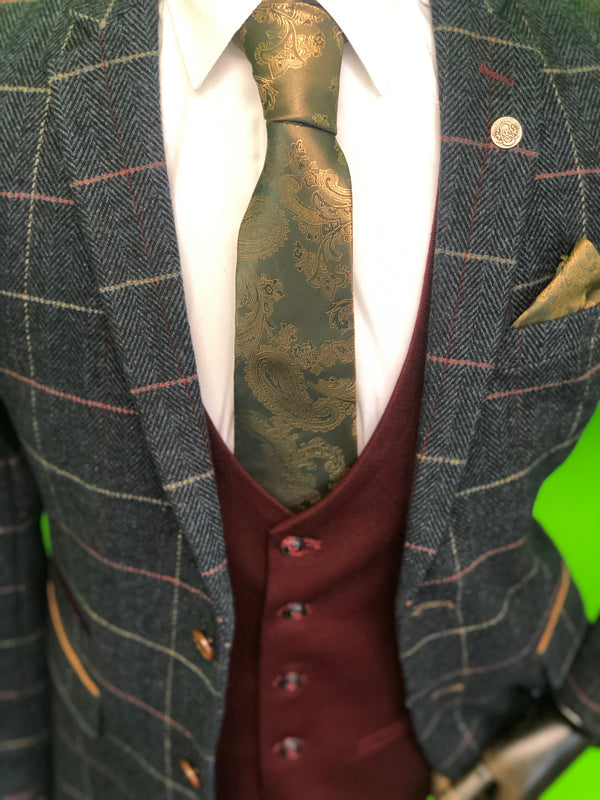 Navy Tweed Suit with Contrast Wine Waistcoat and Gold Paisley Print Tie Set